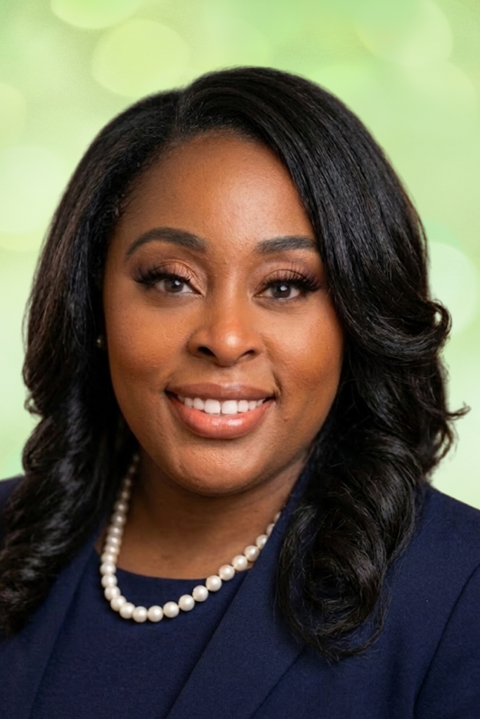 A professional headshot of Tina Lanier Maye with a green with light bokeh backdrop in the background.